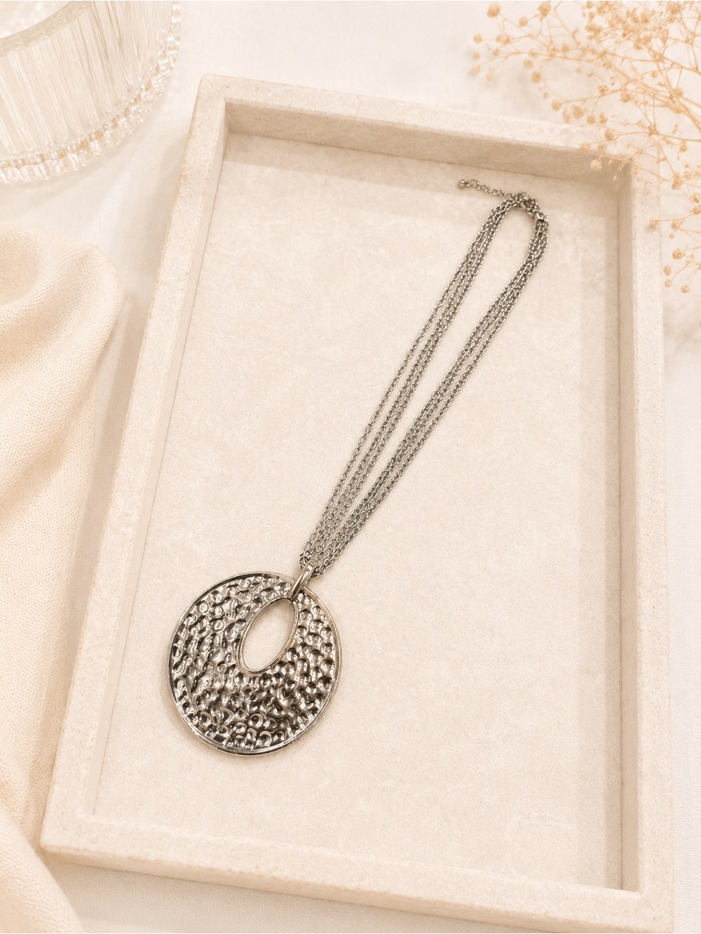 Women's Textured Silver Disc pendant statement multi strand necklace western